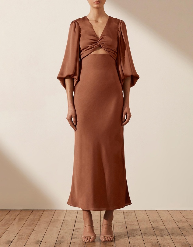 Women Long Sleeve Dresses | Luxe Twist Front Balloon Sleeve Midi Dress – YW81480