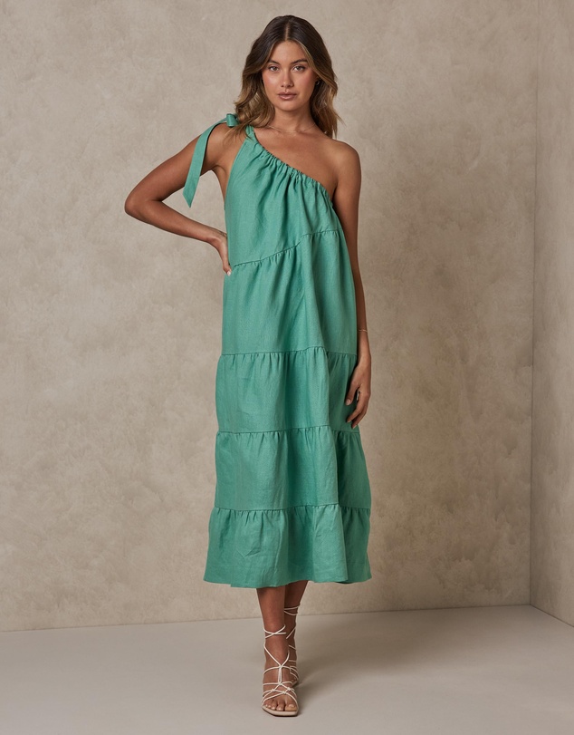 Women Midi Dresses | One Shoulder Linen Trapeze Midi Dress – ZN46704