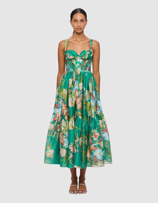 Women Midi Dresses | Rose Bustier Midi Dress Opulent Print in Verdant – KD96743