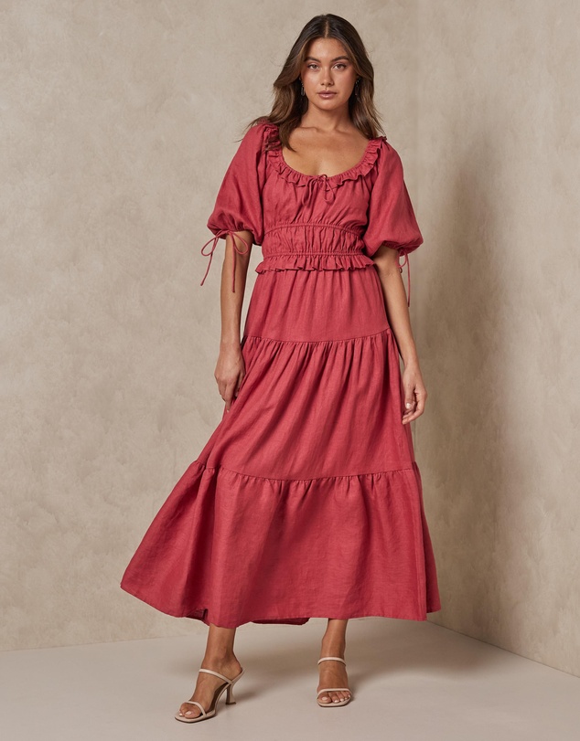 Women Dresses | Ruffle Detail Linen Midi Dress – ID28224
