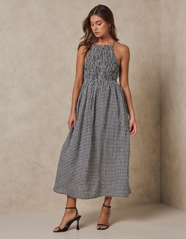 Women Dresses | Shirred Check Midi Dress – XC51818